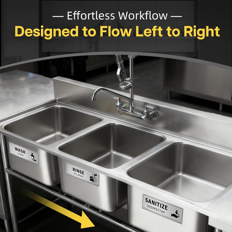 EliteSign 5PK Wash Rinse Sanitize Sink Labels, Hand Wash Only & Employees Must Wash Hands Signs, Bilingual Brushed Aluminum, Waterproof Peel and Stick for Commercial Kitchens Food Trucks, 7x2 Frame Styles - Image 3